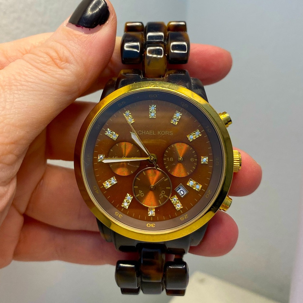 Michael Kors Tortoise Watch with Studs + Gold Finish